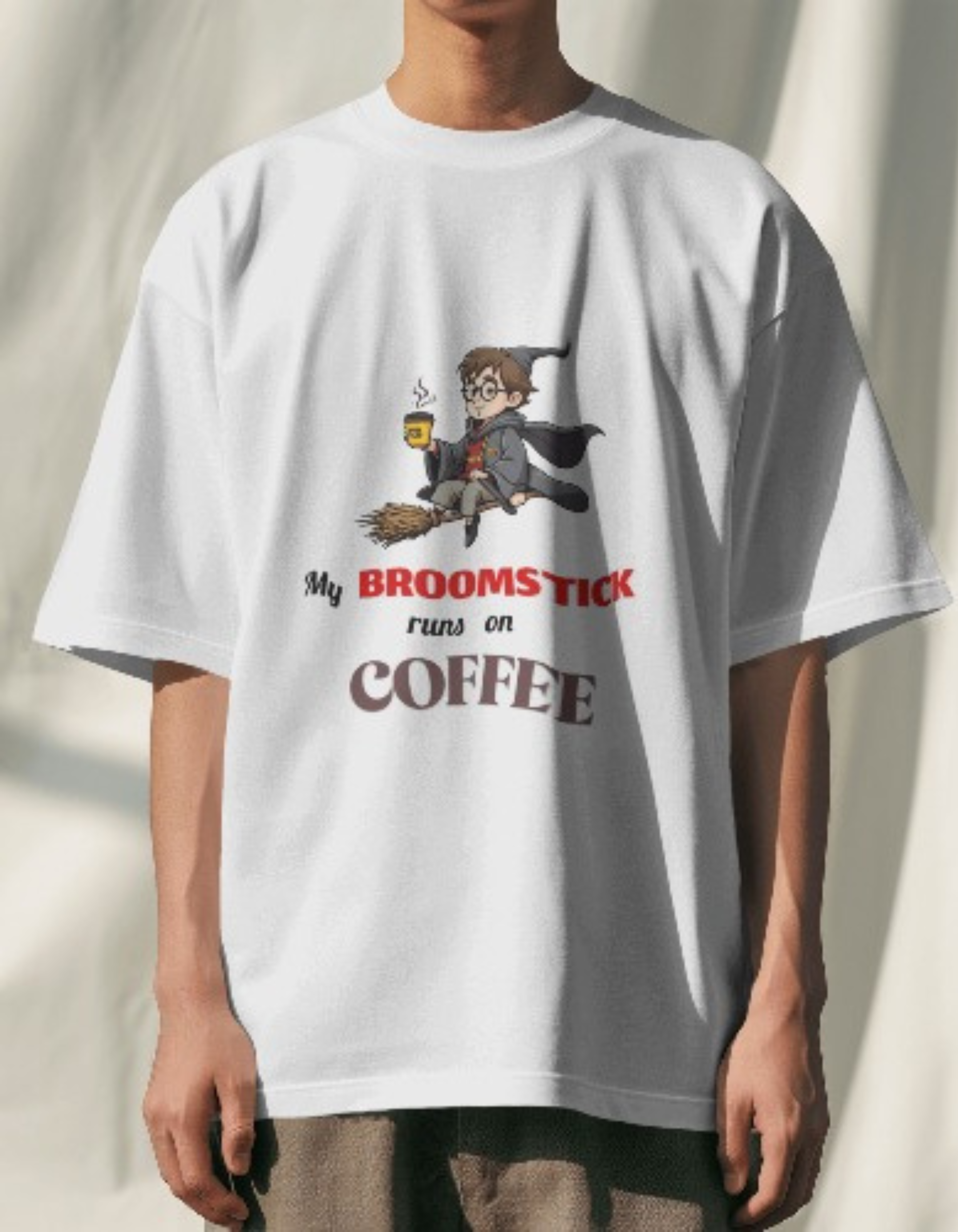 Broomstick runs on Coffee - White Oversized T-Shirt